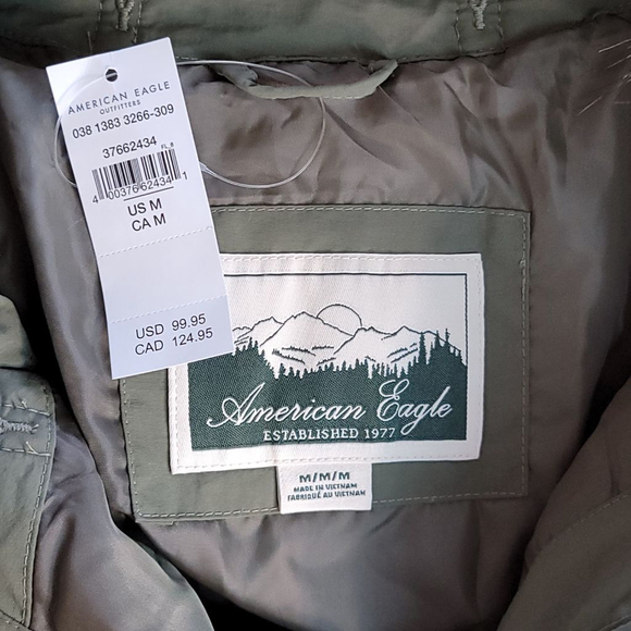 American Eagle Diamond Quilted Puffer Green Faux Fur Hood AE M Jacket Coat - Picture 11 of 13